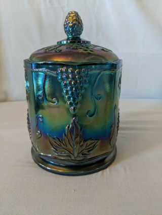 Vintage Indiana Blue Iridescent Carnival Glass Humidor Candy Dish Harvest Grape