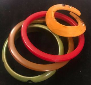 4 Vintage Bakelite Jewelry Items 3 Bracelets & Unique Scarf Ring W Rhinestones