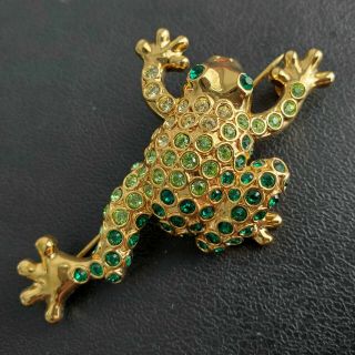 Signed Monet Vintage Frog Brooch Pin Gold Tone Emerald Green Rhinestone N48