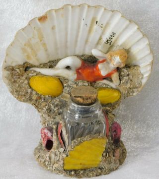 Vtg Art Deco Woman Bathing Beauty Bisque Figurine Sea Shell Sand Art Bottle