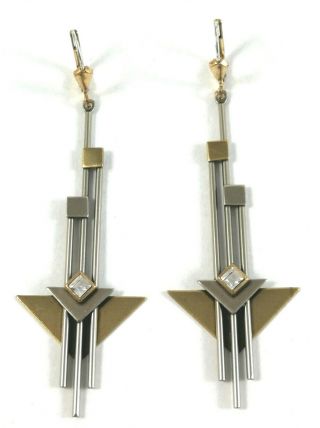 Earrings Mcm Vintage Mid Century Modernist Abstract Three Tone Metal Silver Hook