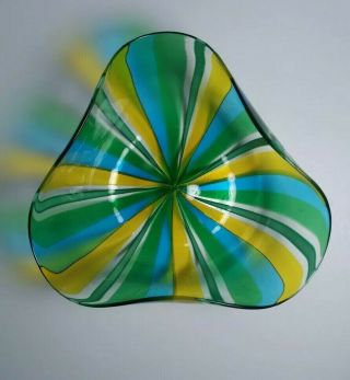 Vtg Murano Style Glass Bowl Candy Striped Circus Tent Triangle Blue Green Yellow