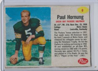 1962 Post 6 Paul Hornung Green Bay Packers Vintage Football Card