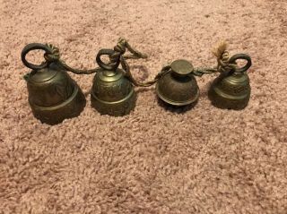 4 Vintage Various Metal Bells 3 Scalloped 1 Elephant Edges Farmhouse Decor Rope