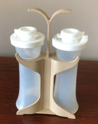Vintage Mini 4 " Tupperware Salt And Pepper Shakers With Almond Color Holder