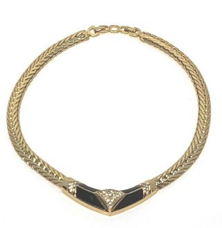 Vintage Christian Dior Rhinestones Black Enamel & Gold Tone Adjustable Necklace