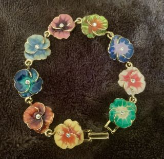 Vintage Joan Rivers Pansy Flowers Enamel & Clear Rhinestone Bracelet 7.  75 "