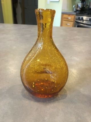 Vtg Blenko Gold Wheat Amber Glass Crackle Vase Donut Dimple Pinched 5 "