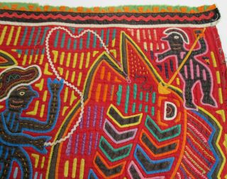 Vintage Folk Art Kuna Mola Textile with Large Bird,  Fish,  Fishermen,  Panama 3