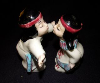 Vintage Hand Painted Kissing Indians Native American Ceramic Figurines 1950s