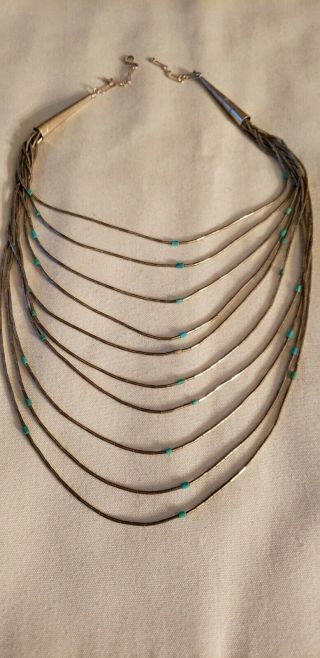 Vtg Navajo Indian Sterling Liquid Silver Multi Strand Turquoise Necklace 31.  9 Gr