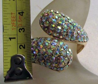 Vintage 80 ' s Chunky Glass AB Crystal Rhinestone Cuff Bracelet Hinge Clasp 2