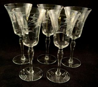 Set Of 5 Vintage 8 Oz.  Etched Optic Crystal Water/wine Goblets,  Teardrop Stem