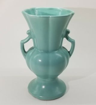 Vintage Rumrill Art Decor 2 - Handle Floral Vase,  Matte Turquoise Glaze,  9 - 1/2 " H