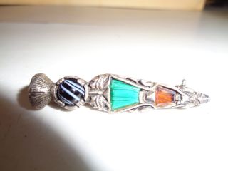 Vintage Signed Miracle Jewellery Dirk Celtic Green Agate Kilt Pin Brooch