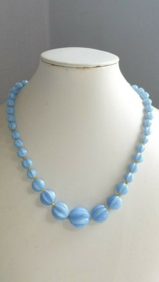 Czech Vintage Art Deco Blue Graduated Ribbed Glass Bead Necklace