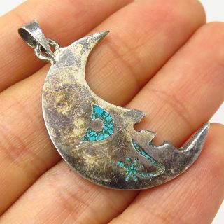 Vtg Mexico 925 Sterling Silver Turquoise Inlay Crescent Moon Face Design Pendant