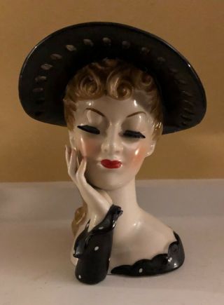 Vintage 1950’s Napco Lady Head Vase 5348b Wide Brimmed Hat,  7” H