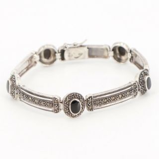 Vtg Sterling Silver - Art Deco Marcasite Onyx Link 7.  5 " Bracelet - 23g