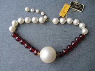 Nwt Vintage Kenneth J Lane For Marvella Faux Pearls & Ruby Color Collar Necklace