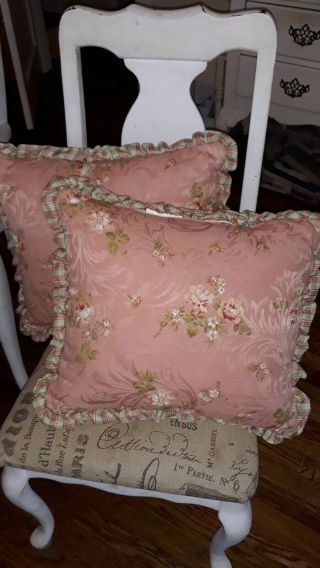 Set 2 Pink Mauve Floral Rose Plaid Ruffled Pillows Cottage Shabby Vintage