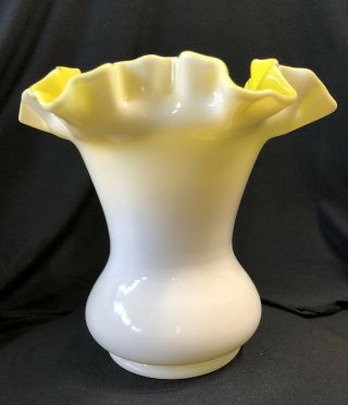Vintage Fenton White Milk Glass Vase Encased In Yellow And Ruffled Top