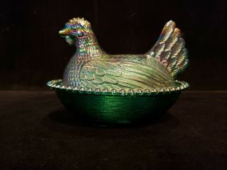 Hen On Nest Carnival Glass Blue Iridescent Vintage Candy Dish Indiana Glass