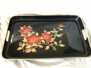 Vintage Toyo Japan Black Lacquer Serving Tray Gold And Red Flowers Large 18.  5”