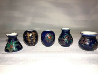Vintage Japanese Miniature Porcelain Vases Jars Cobalt Blue Gold Signed Hand Pai