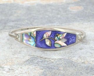 Mexican Abalone Bracelet Alpaca Silver Vintage 6 - 7/16 " Purple Enamel Inlay J24