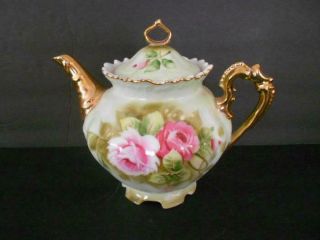 Vintage Lefton China Teapot Heritage Green With Pink Rosed And Gold Trim 792