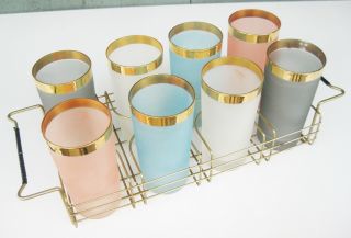 Set Of 8 Vtg Mid - Century Modern Frosted Gold Band Highball Glasses W/ Wire Rack