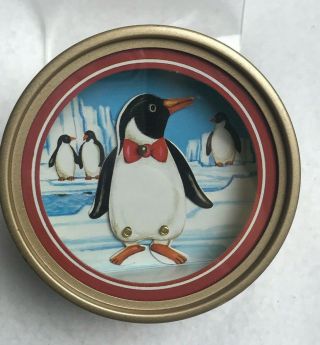 Vintage 3.  5 " Round Otagiri Japan Music Box Dancing Penguin Made In Japan