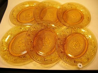 (6) Tiara Indiana Vtg Sandwich Glass Amber 8 1/4 " X 6 3/4 " Oval Snack Plates
