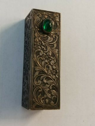 Vintage 800 Silver Lipstick Holder Case With Green Stone Button & Mirror.