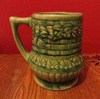 Vintage Pottery Unmarked Mug Stein Green Basketweave Floral Pattern Mccoy? Hull?