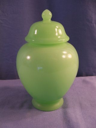 Vintage Fenton Green Jade Glass Covered Temple Jar