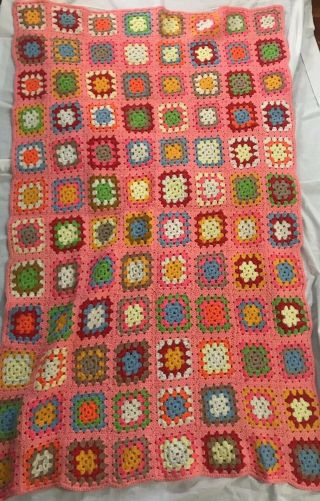 Vtg Crochet Granny Square Afghan Blanket Handmade Couch Throw 72 X 48 " Pink