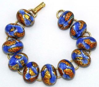 Gorgeous Chunky Vtg Venetian Foiled Art Glass Link Bracelet Ni28