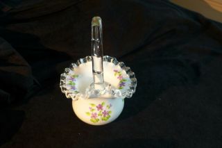 Vintage Fenton Hand Painted Signed Violets In The Snow Silver Crest Basket
