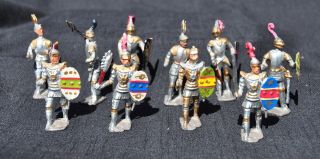 10 Vtg Collectible Hand Painted Unmarked Cast Metal Toy Soldiers Knight Figures