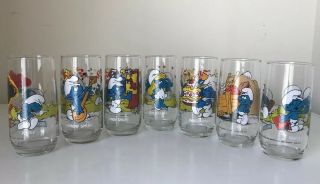 1982 1983 Vintage Smurf Glasses 7 Peyo Hardees Promo Hefty Brainy Handy