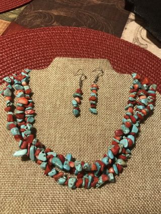 Grandmas Estate Vintage Artisan Turquoise Coral Stone Necklace 18” Earring Set
