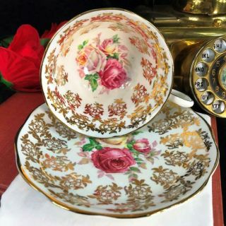 Vintage Royal Albert Bone China Cabbage Roses Heavy Gold Filigree Cup Saucer