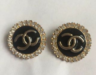 Vintage Chanel Earrings Gold Tone Black Enamel Rhinestones For Pierced Ears