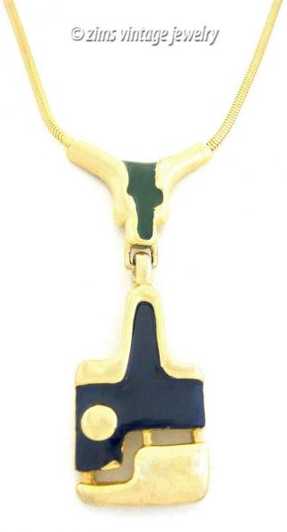 Vintage Pierre Cardin Modernist Gold Blue Green Enamel Abstract Pendant Necklace