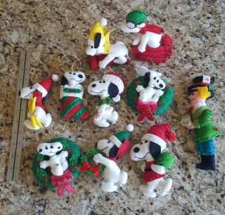 Vintage Bucilla Set Of 9 Snoopy Felt & Beaded Christmas Ornaments Completed