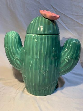 Vintage Treasure Craft Cactus Cookie Jar Pink Flower Southwest Style Made In Usa