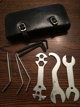 Vintage Bicycle Tool Kit Saddle Bag Zipper Leather Bike Wrenches Spoons Allen