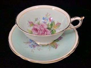 Vtg Paragon Tea Cup & Saucer China England Light Blue Gold Gilt Pink Rose Floral